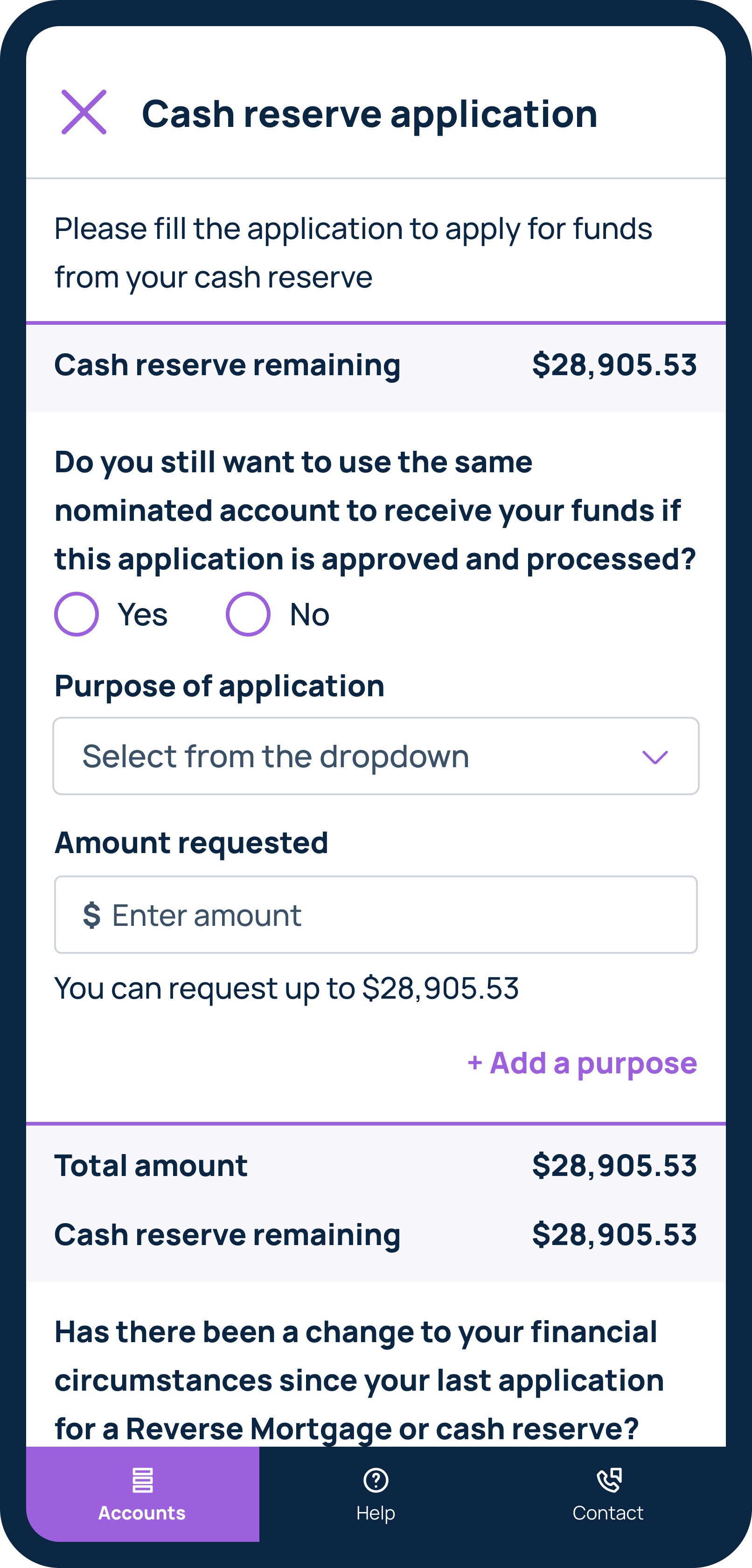 Apply for cash reserve