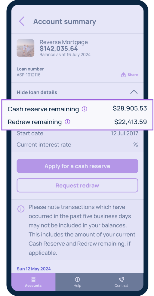 Review your remaining cash reserve and redraw balances